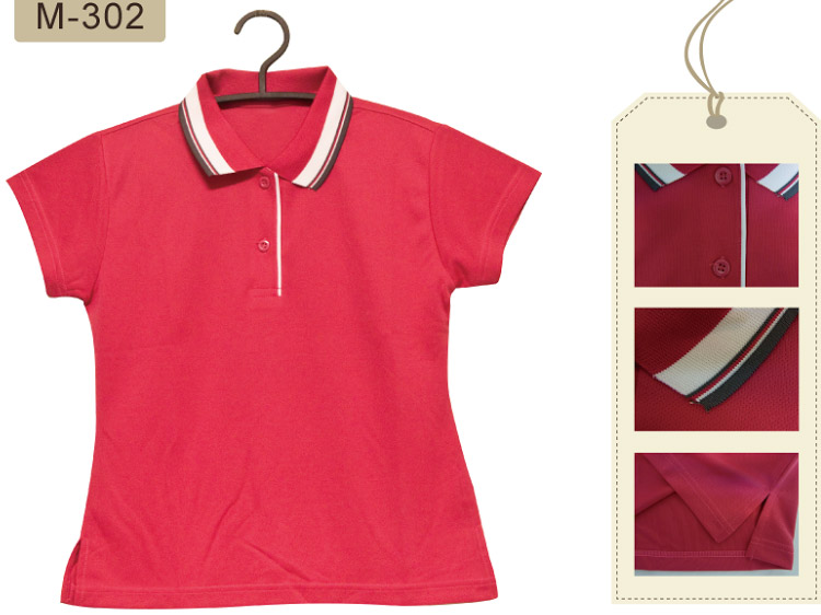 台中團體服-條紋領女版短袖排汗POLO衫 M302  顏色:粉橘、紅色、寶藍、果綠,桃紅　材質：100%POLOESTER
