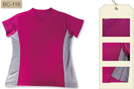 台中團體服-雙色V領女版 BC-116,短袖排汗T-SHIRT,材質 : 100%POLYESTER,顏色 : 粉橘、粉紛、桃紅、蜜桃、果綠